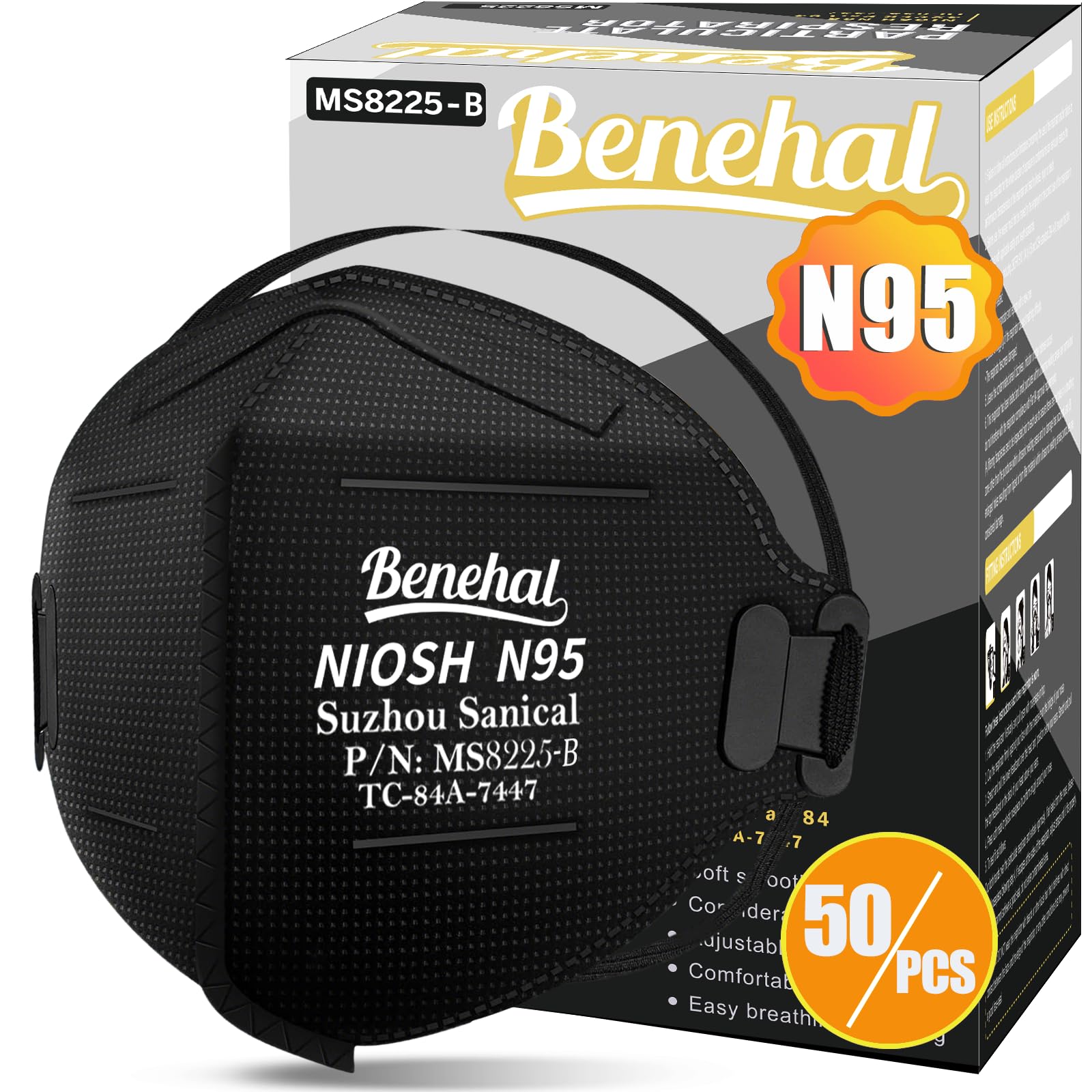 Benehal N95 mask black pack-50: ready-to-use, high-filtration protection.