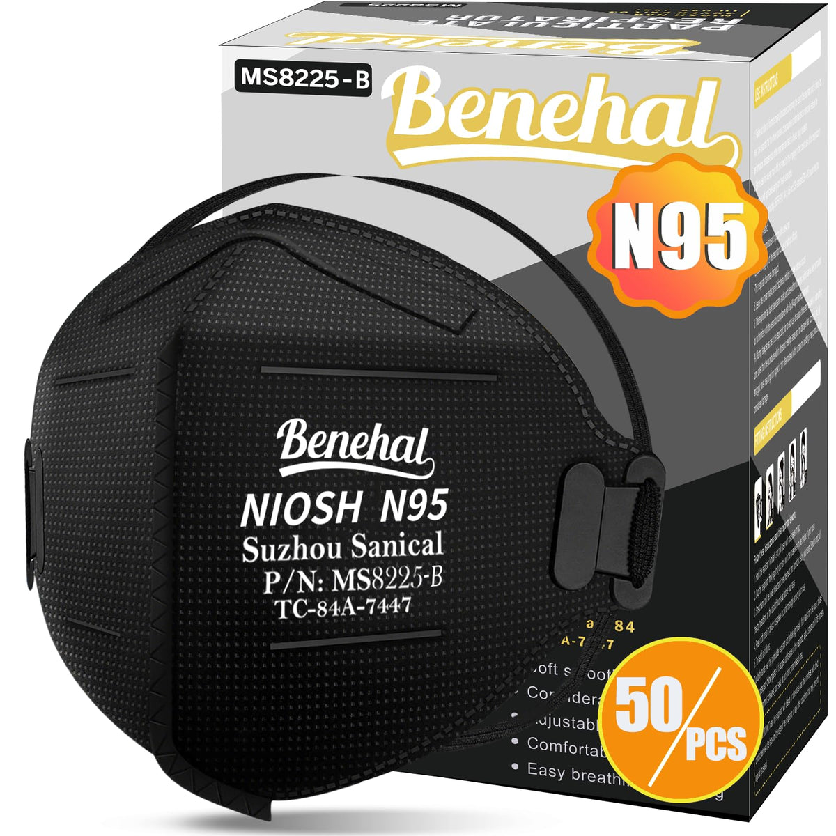 Benehal N95 mask black pack-50: ready-to-use, high-filtration protection.