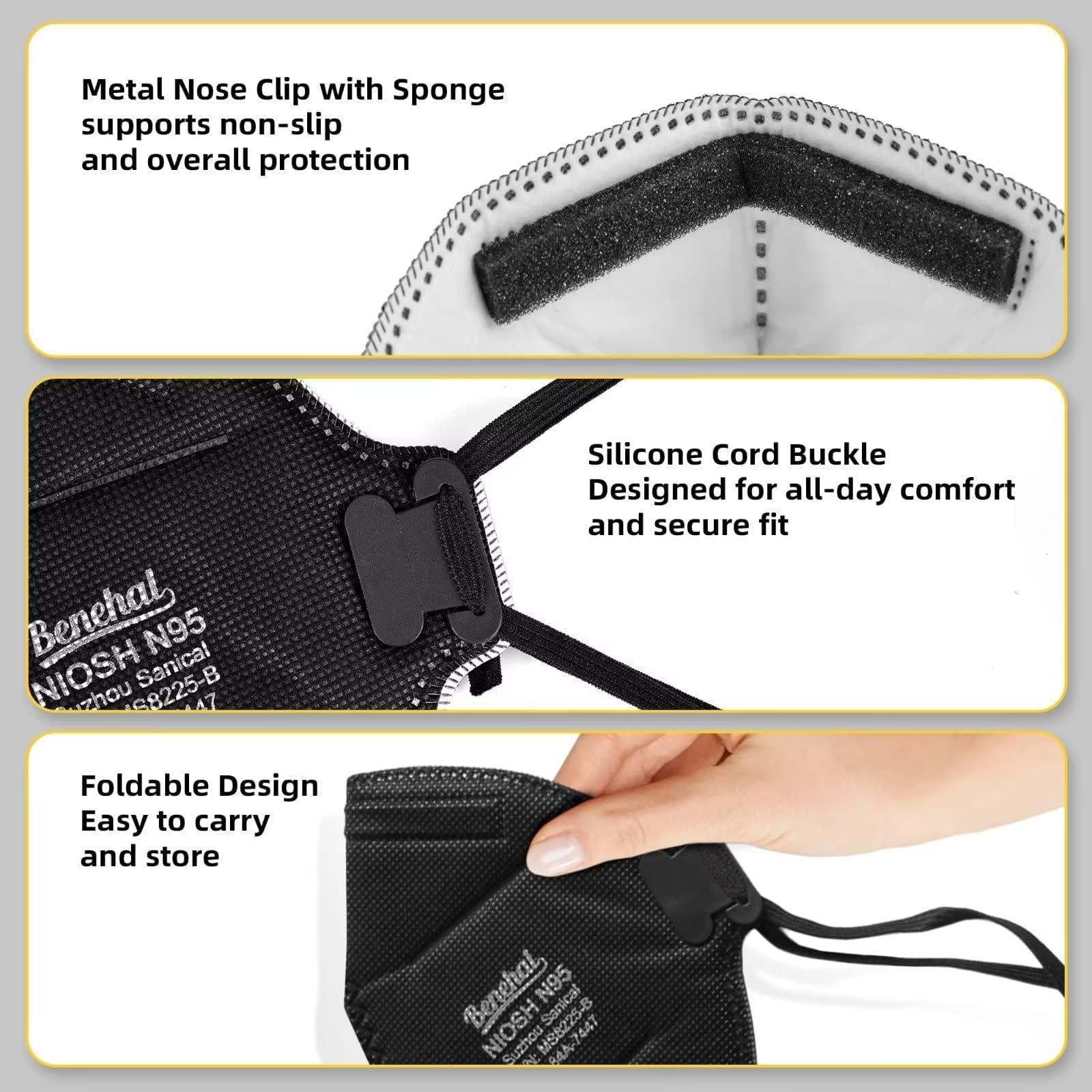 Benehal N95 mask black dual-elastic-headbands: stable wear all day.