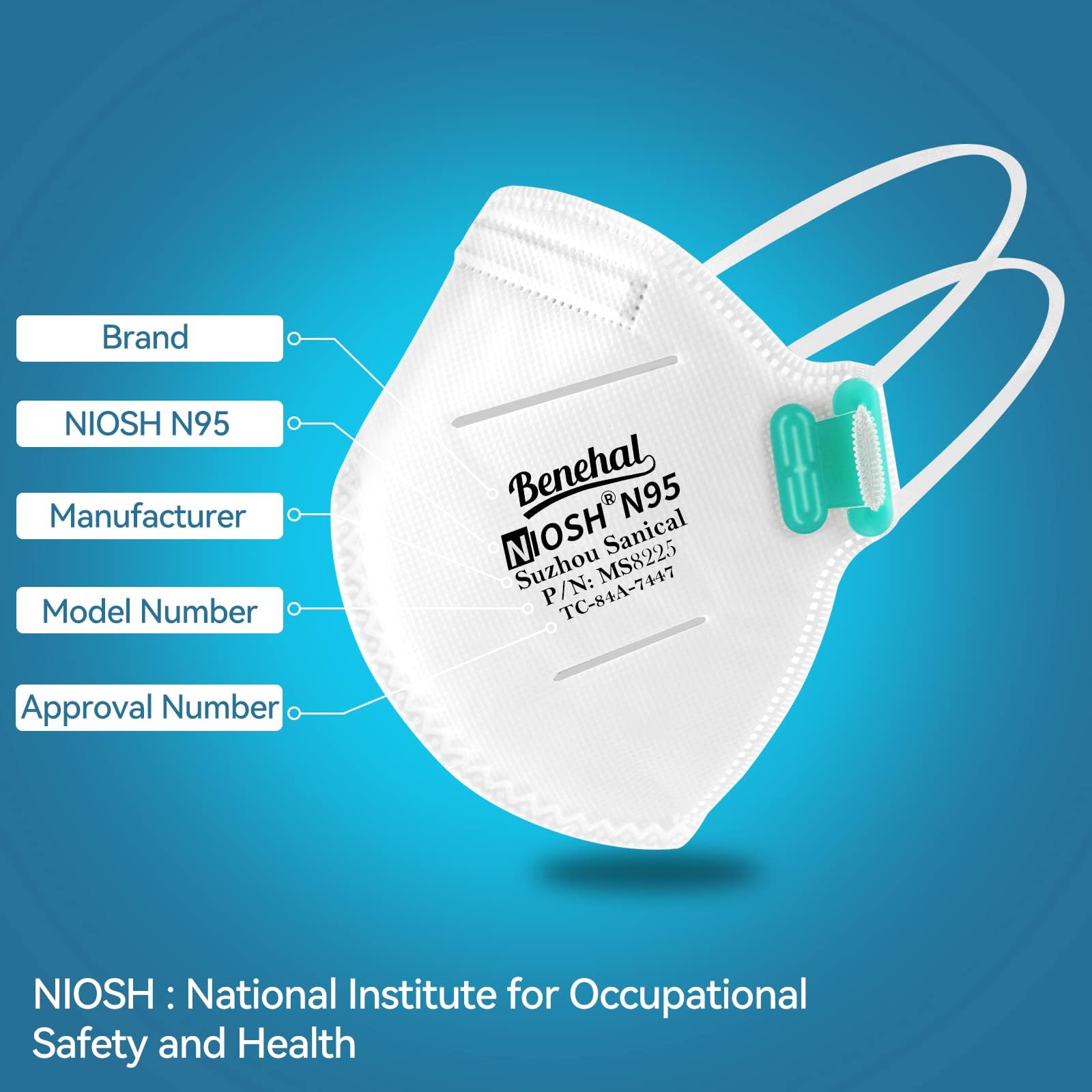 benehal NIOSH N95 mask adjustable nose clip for a secure, comfortable fit.