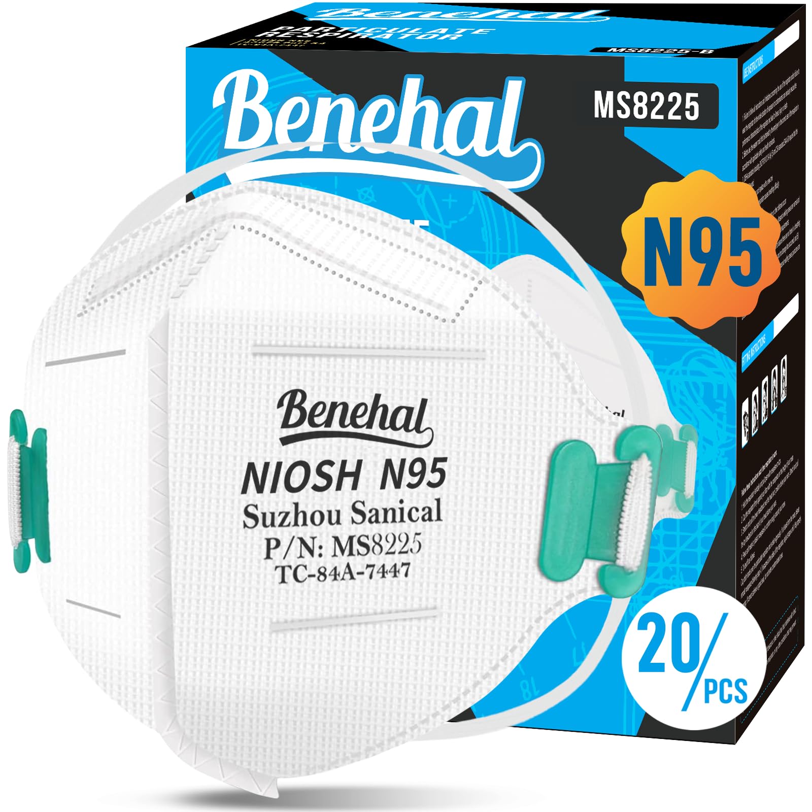 Benehal NIOSH approved N95 mask front view with secure fit and 95% filtration