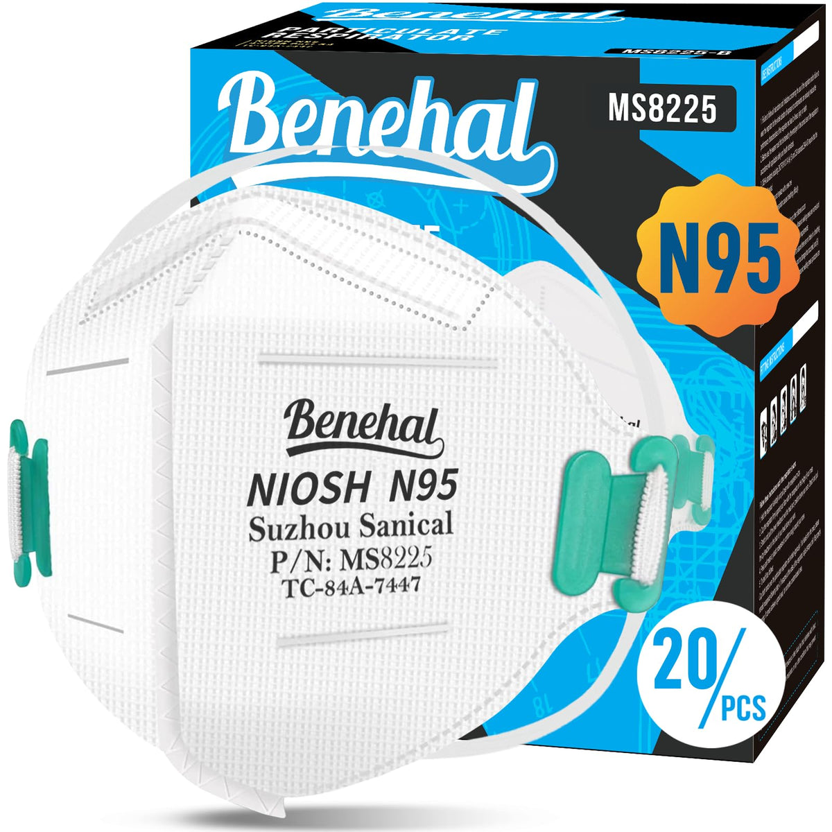 Benehal NIOSH approved N95 mask front view with secure fit and 95% filtration