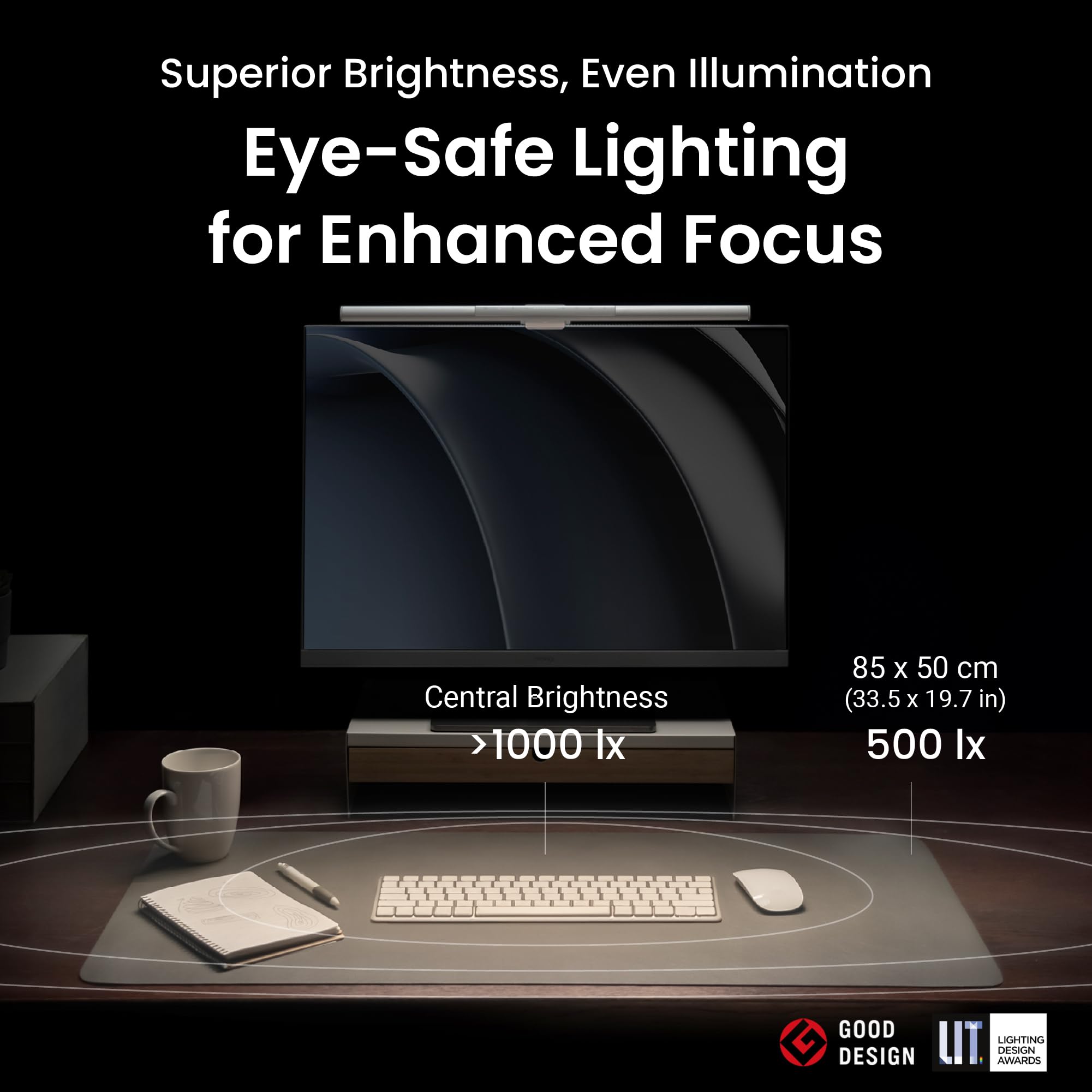 Patented clamp design of BenQ ScreenBar Pro fits curved back monitors.