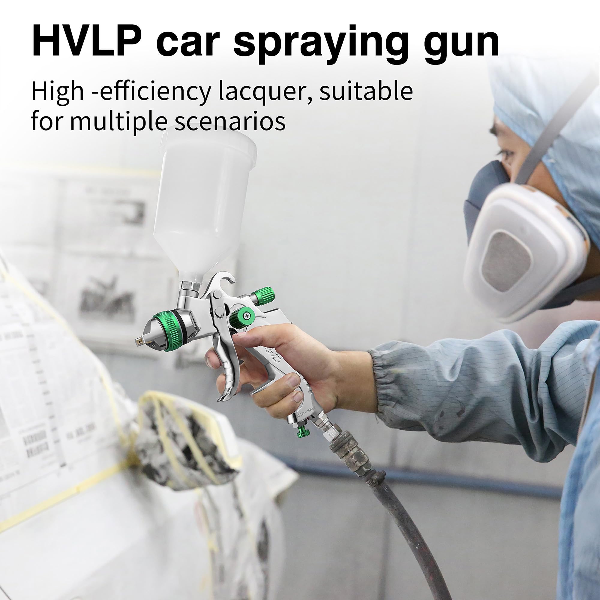 Bentohkle HVLP spray gun green with 1.7mm nozzle enables even mid-size coverage.