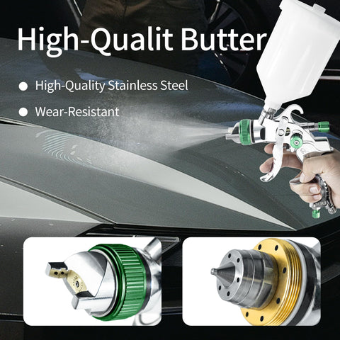 Bentohkle HVLP spray gun green front-angle view shows ergonomic grip.