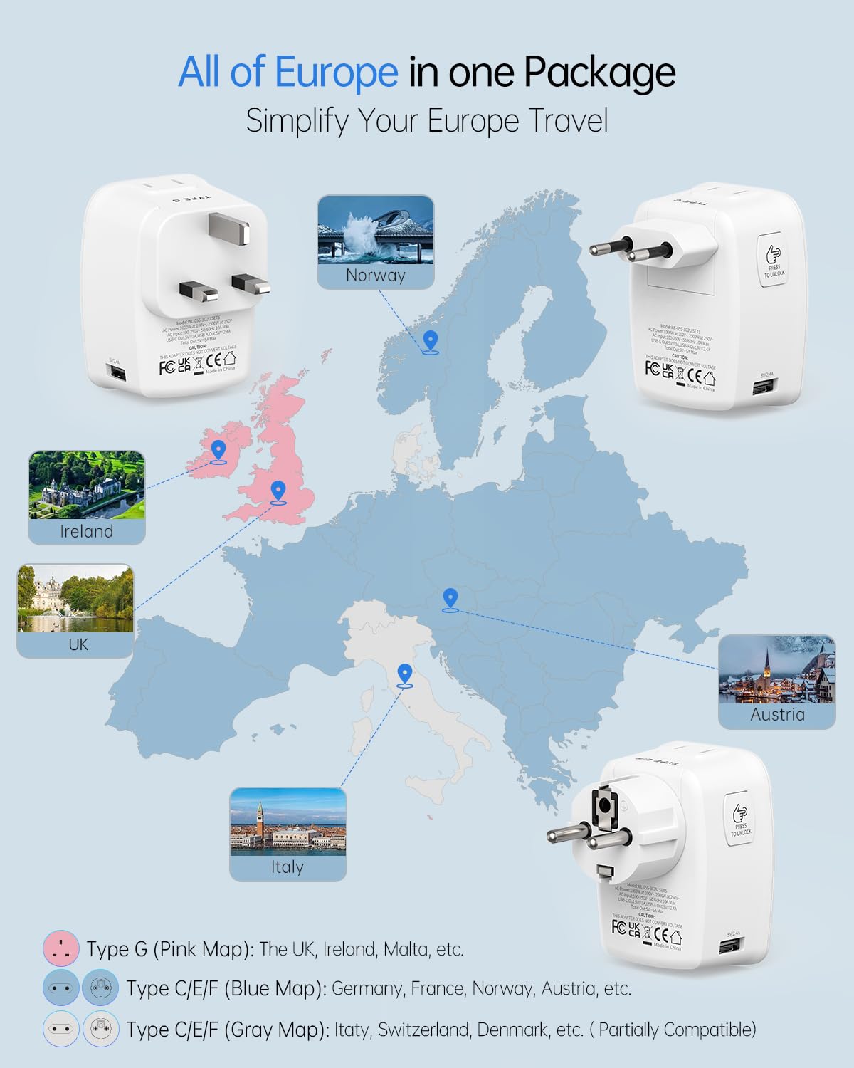 BEONDON adapter with two US outlets for simultaneous device charging while abroad