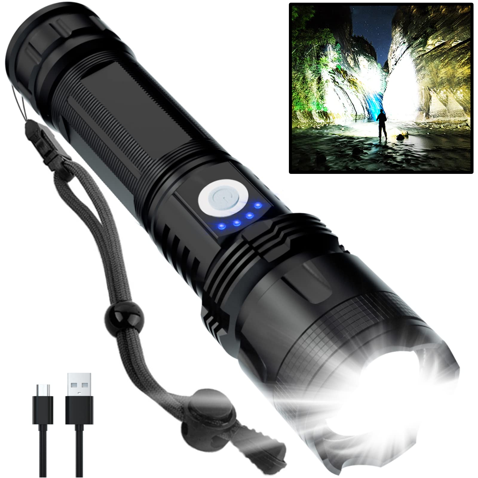 BERCOL rechargeable flashlight front view shows 90,000 lumens for emergencies.