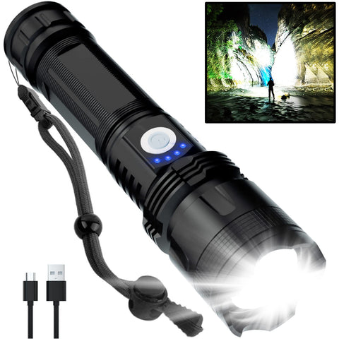 BERCOL rechargeable flashlight front view shows 90,000 lumens for emergencies.