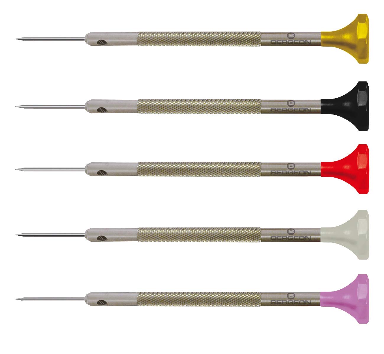 Bergeon 30081-P05 screwdrivers set with stainless blades for precise small-fastener work.