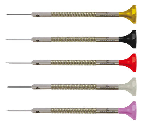 Bergeon 30081-P05 screwdrivers set with stainless blades for precise small-fastener work.