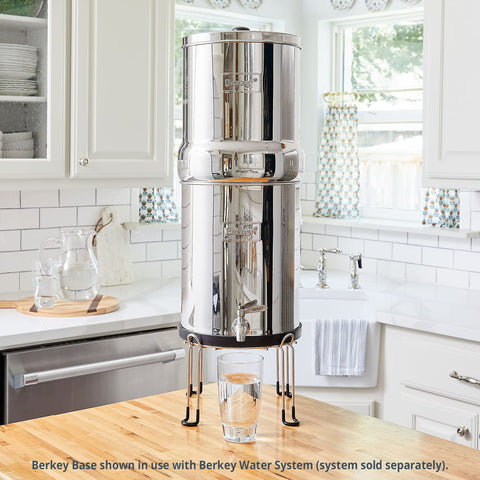 Polished stainless steel Berkey Base Stand complements large gravity-fed filters