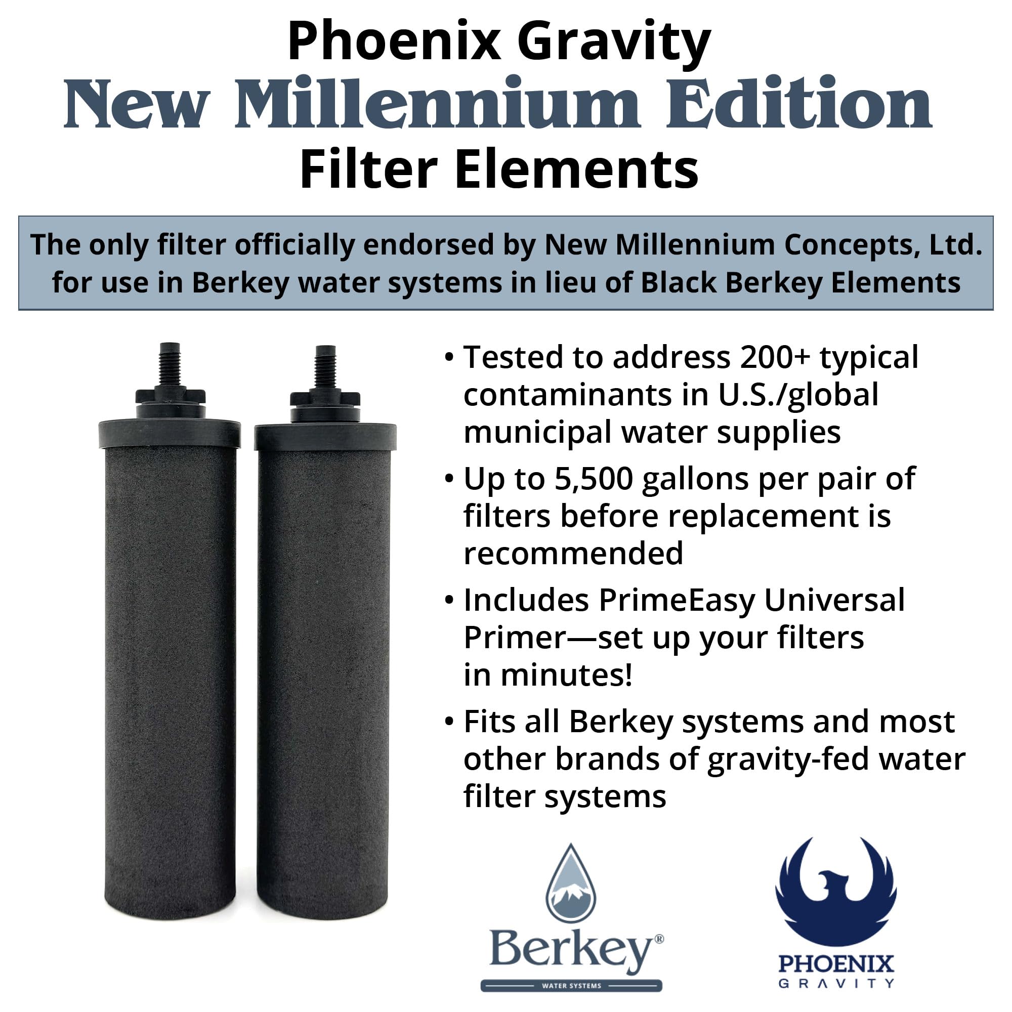 Berkey Phoenix NMCE filter elements with PrimeEasy primer for quick setup.