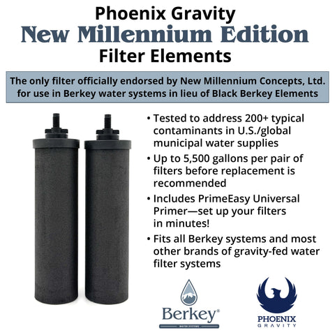 Berkey Phoenix NMCE filter elements with PrimeEasy primer for quick setup.