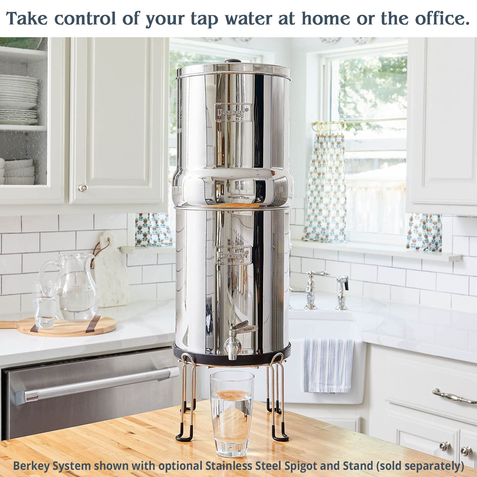 Water flows from Berkey into a glass for drinking and cooking.