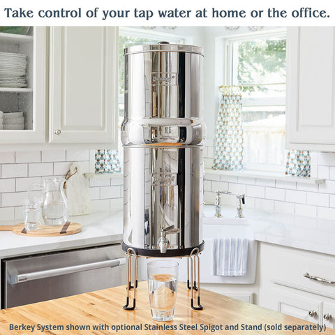Water flows from Berkey into a glass for drinking and cooking.