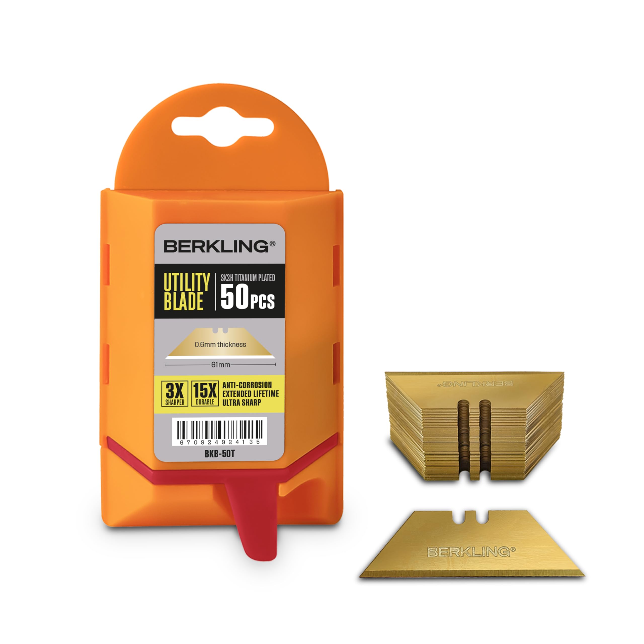 Berkling 50-pack titanium-plated blades with dispenser enable quick blade swaps.