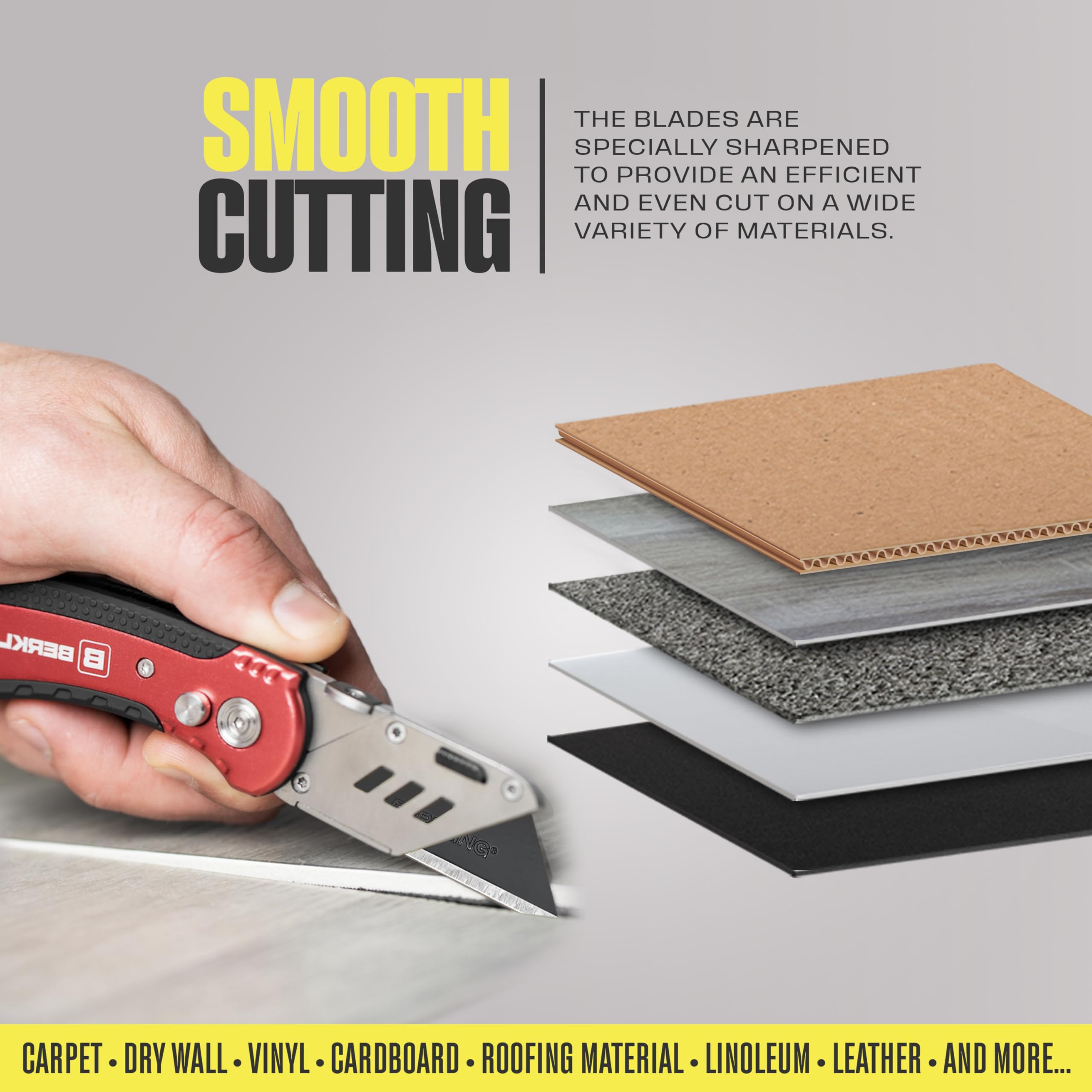 Berkling blade slices through boxes, leather, PVC with precision