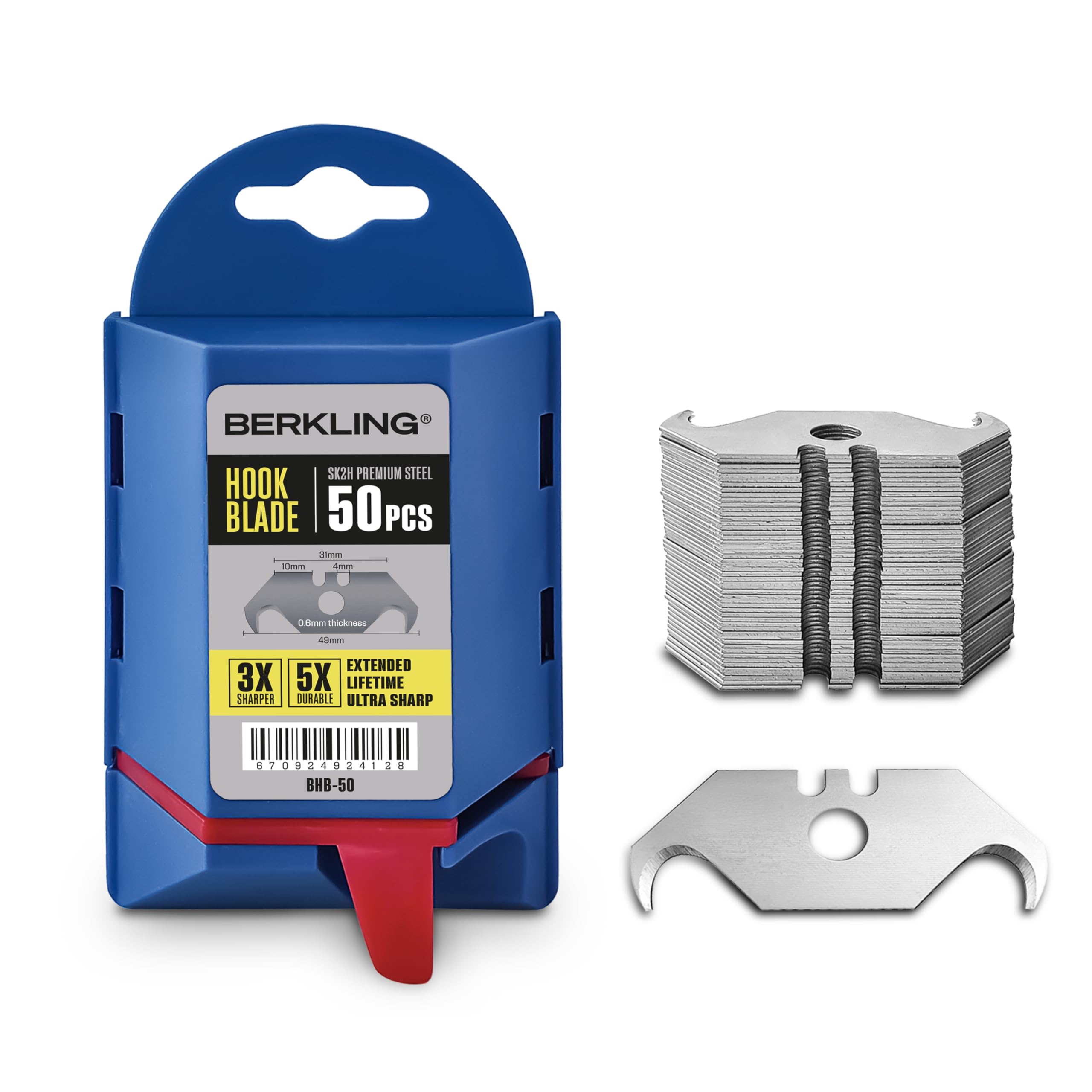 Berkling dispenser box with 50 blades for easy access.
