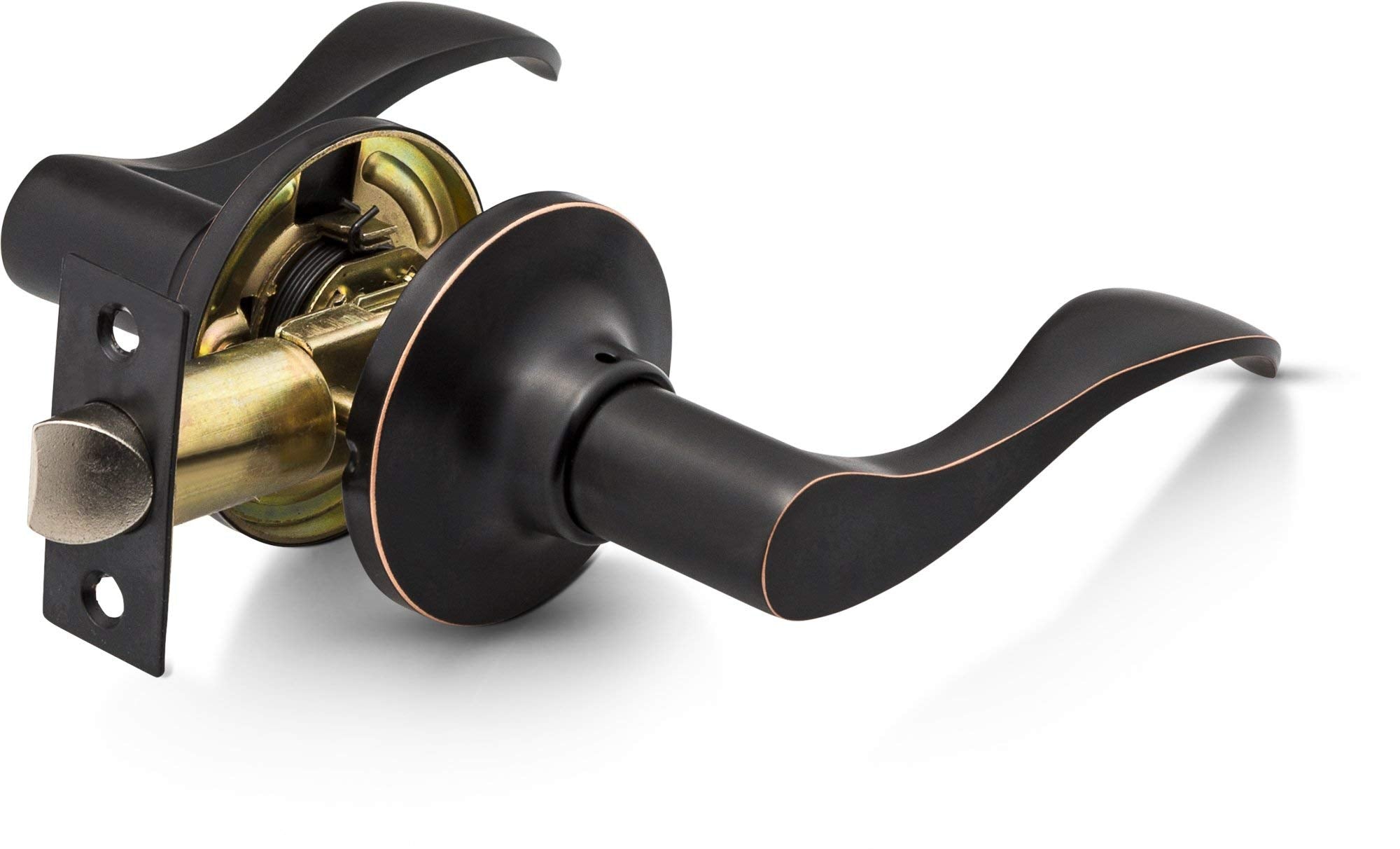 Berlin Modisch oil rubbed bronze lever with square striker detail for secure fit.