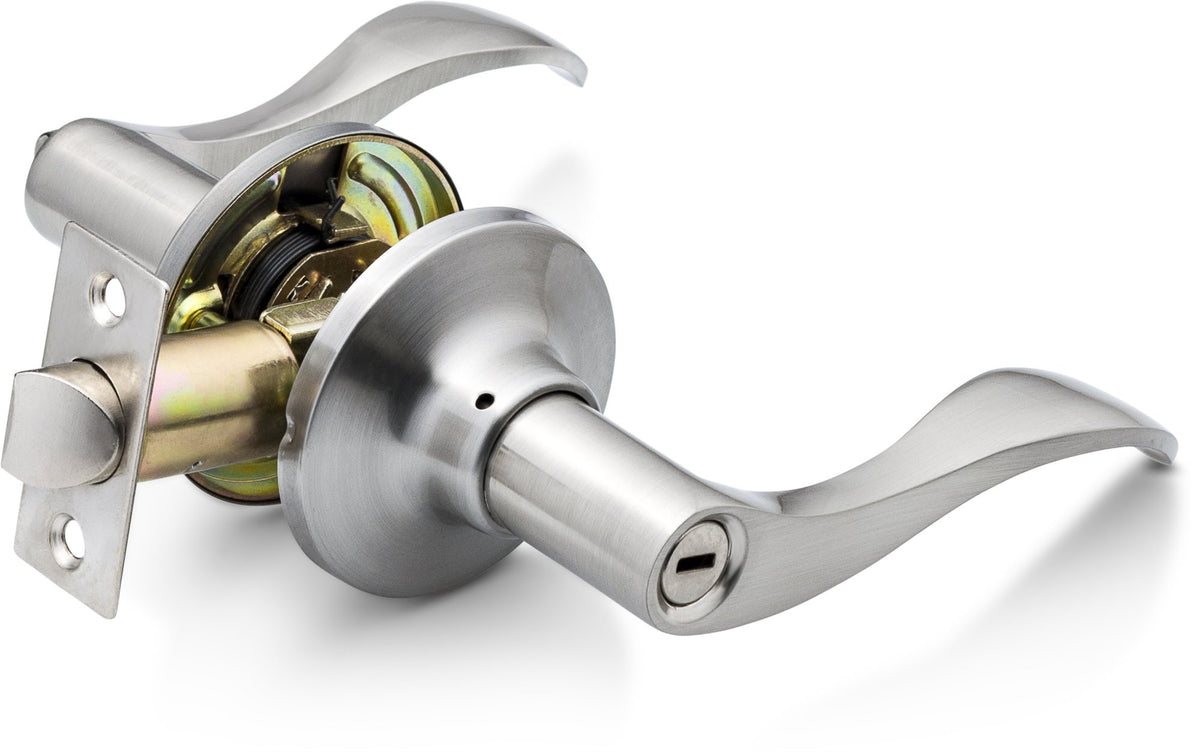 Berlin Modisch privacy lever handle with satin nickel finish for bedroom or bathroom doors.