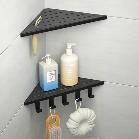 Bernkot 10-inch corner shower shelf with hook rack for organized bathroom essentials.