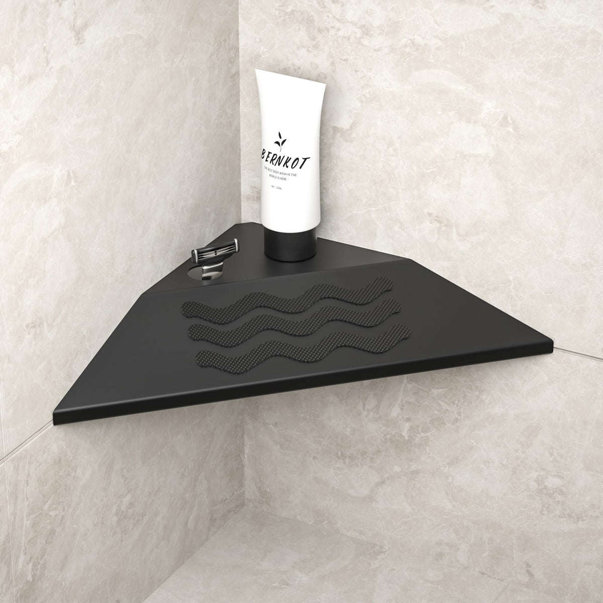 Bernkot corner foot rest for shaving legs in a secure shower setup