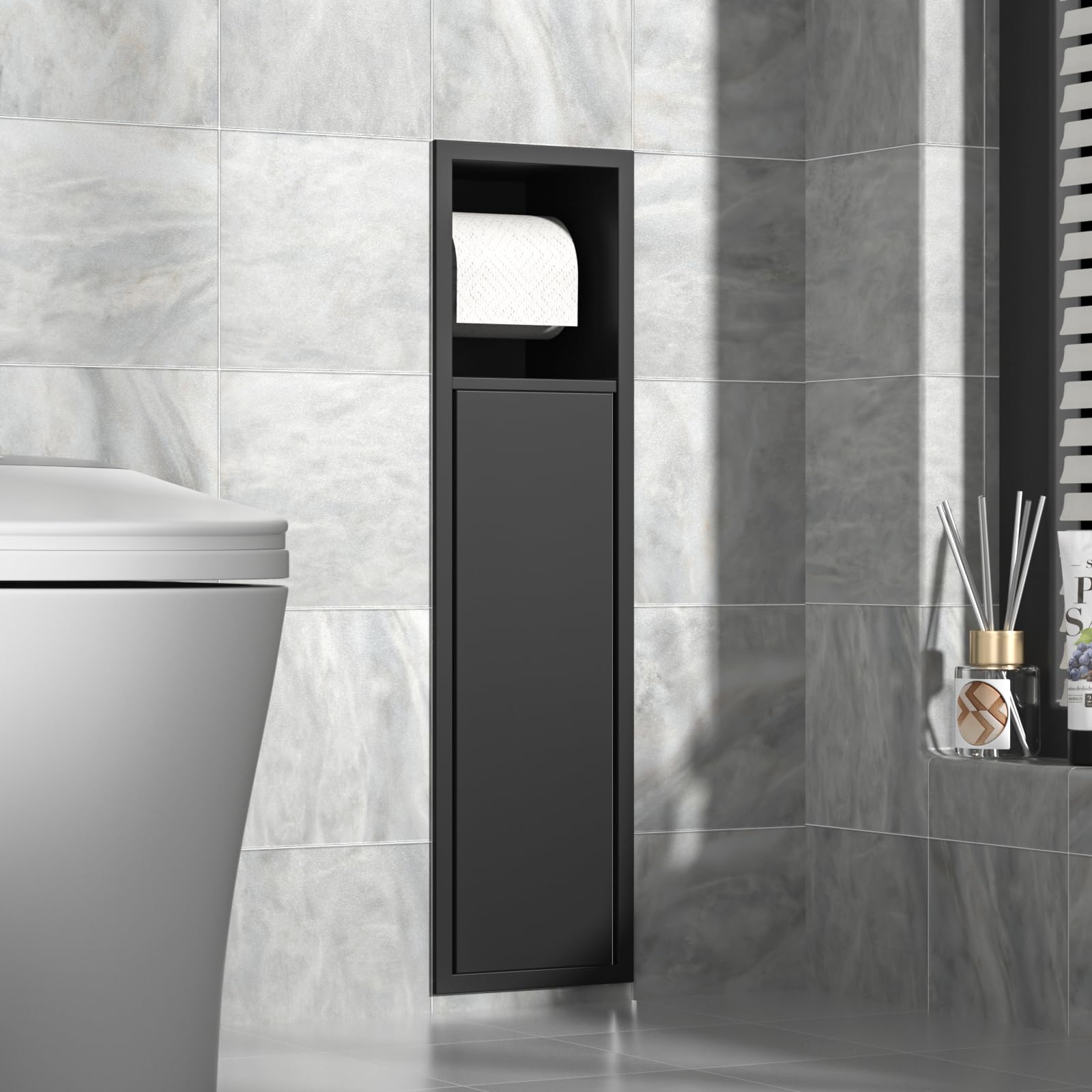 Bernkot hidden door provides discreet storage for spare rolls.