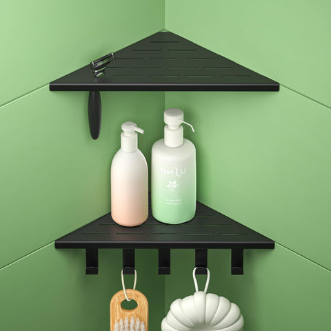 Bernkot shower shelf with five hooks to hang towels, loofahs, and more.