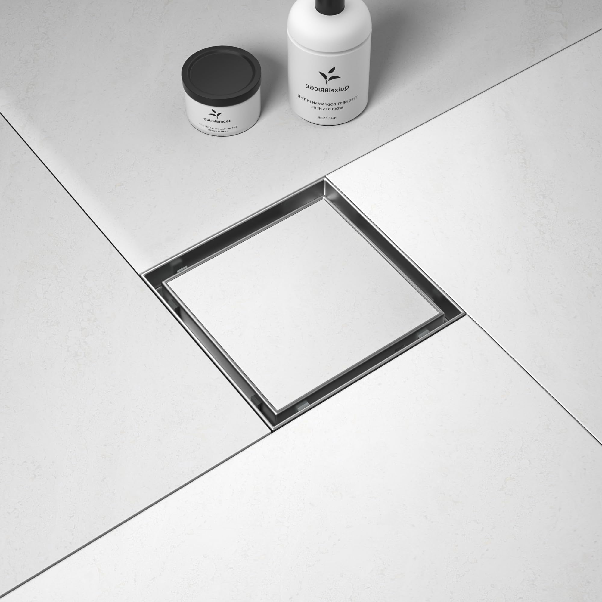 Bernkot square drain with brushed 6-inch outlet for durable bathroom use.
