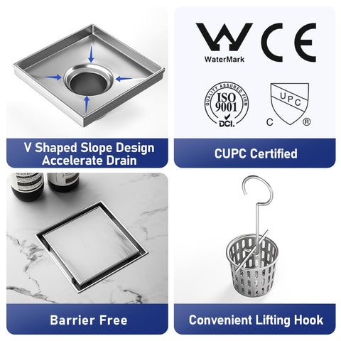 Bernkot square drain with tiled insert grate for a seamless shower look.