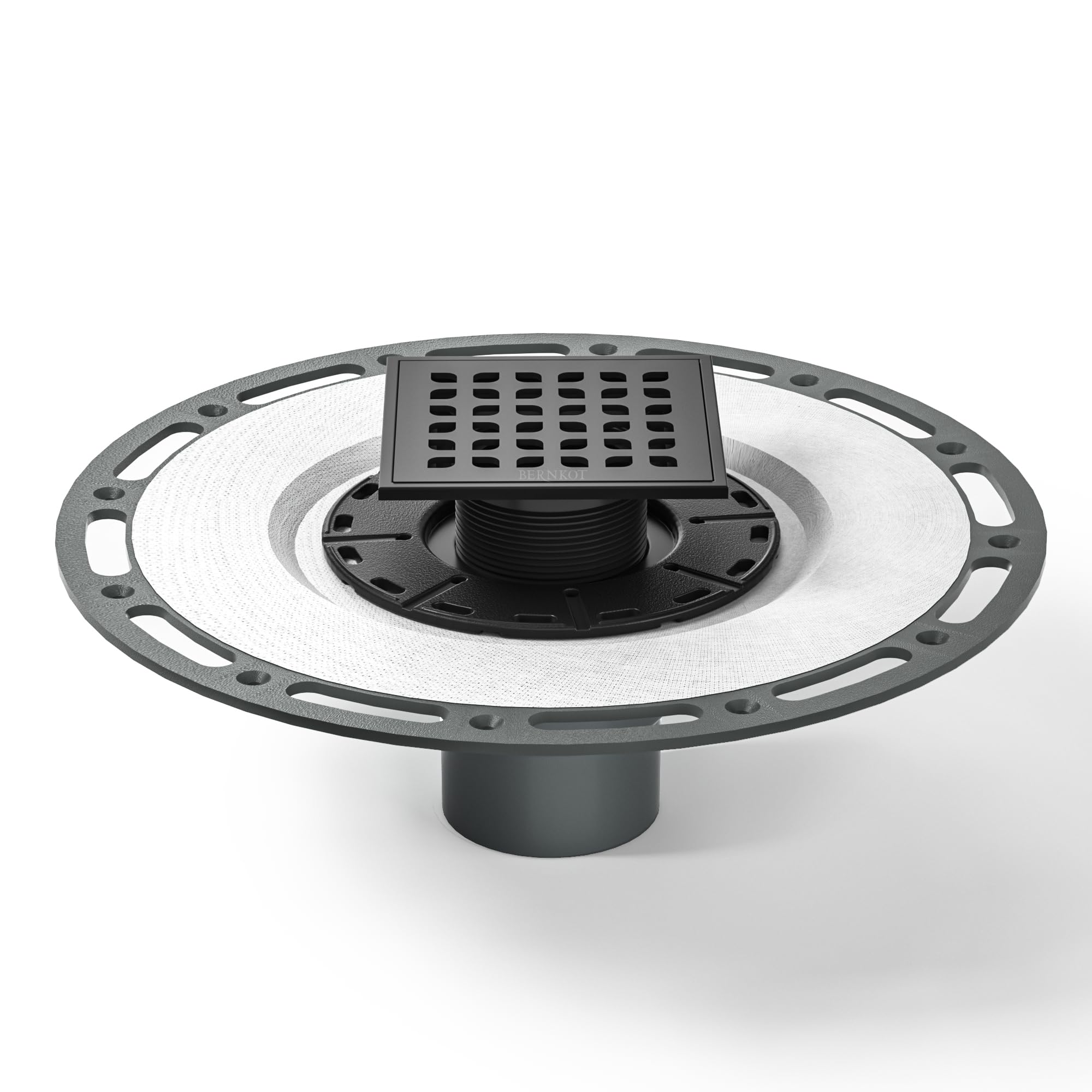 Bernkot square drain in matte black offers a clean, low-profile look.