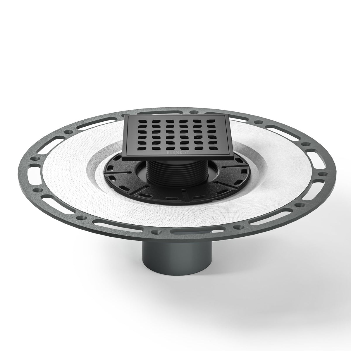 Bernkot square drain in matte black offers a clean, low-profile look.