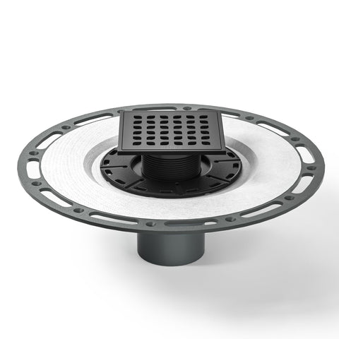 Bernkot square drain in matte black offers a clean, low-profile look.