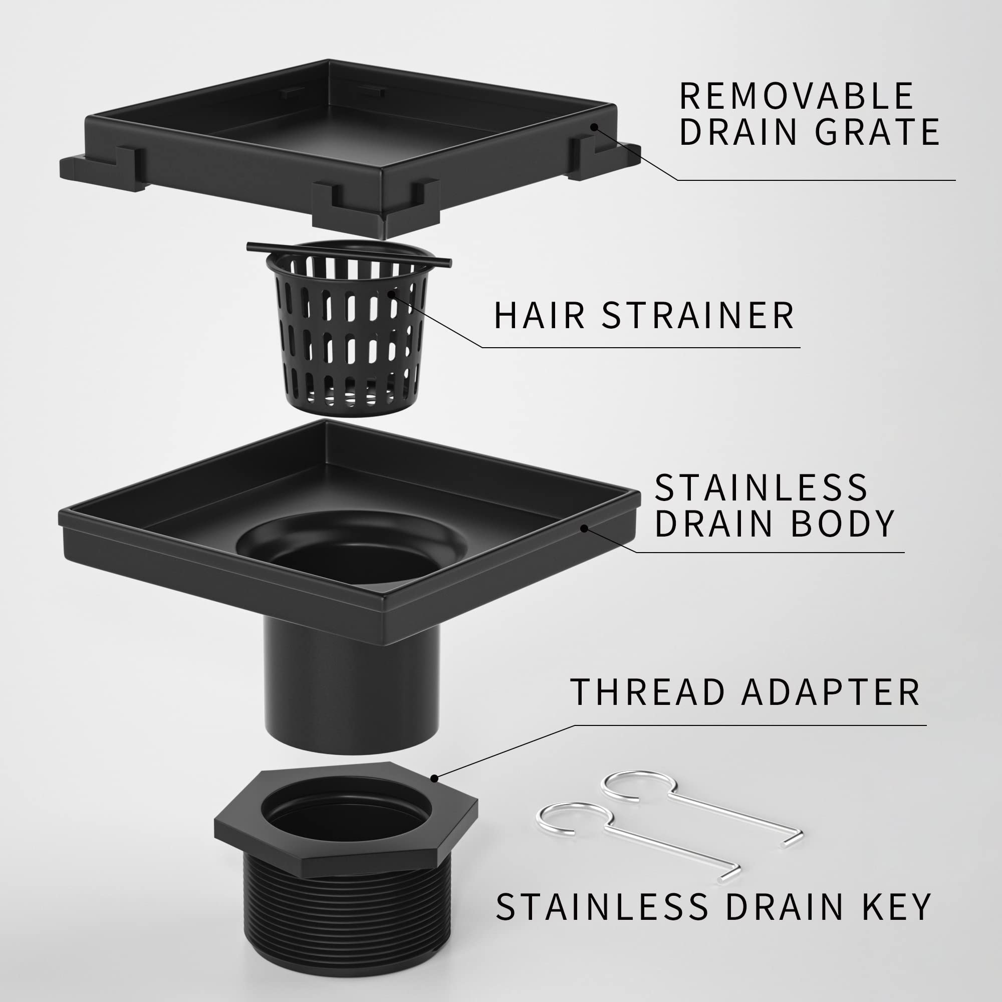 Bernkot square drain height-adjustment threaded adapter for level installs