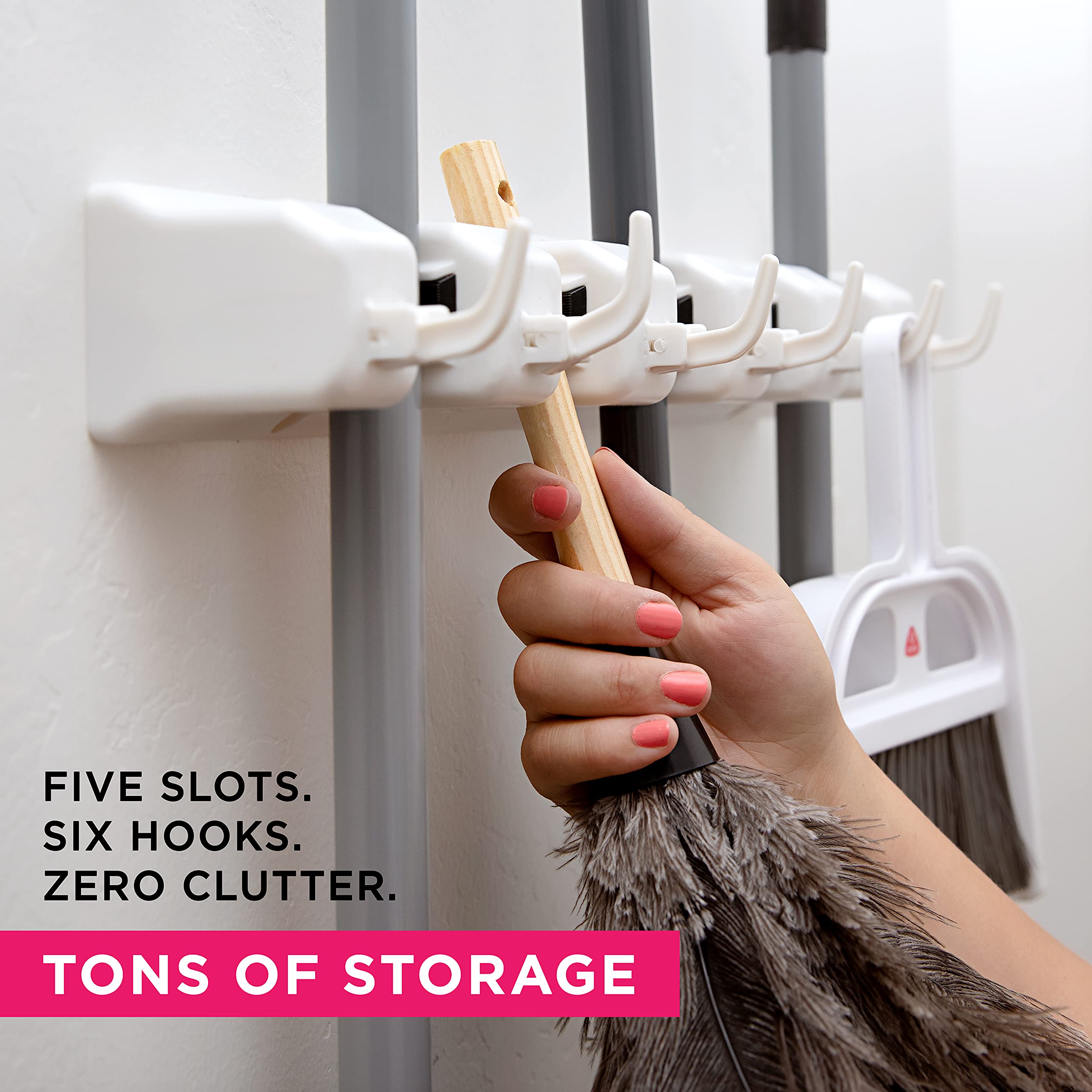 Berry Ave 11-storage-slots broom mop organizer keeps clutter off the floor.