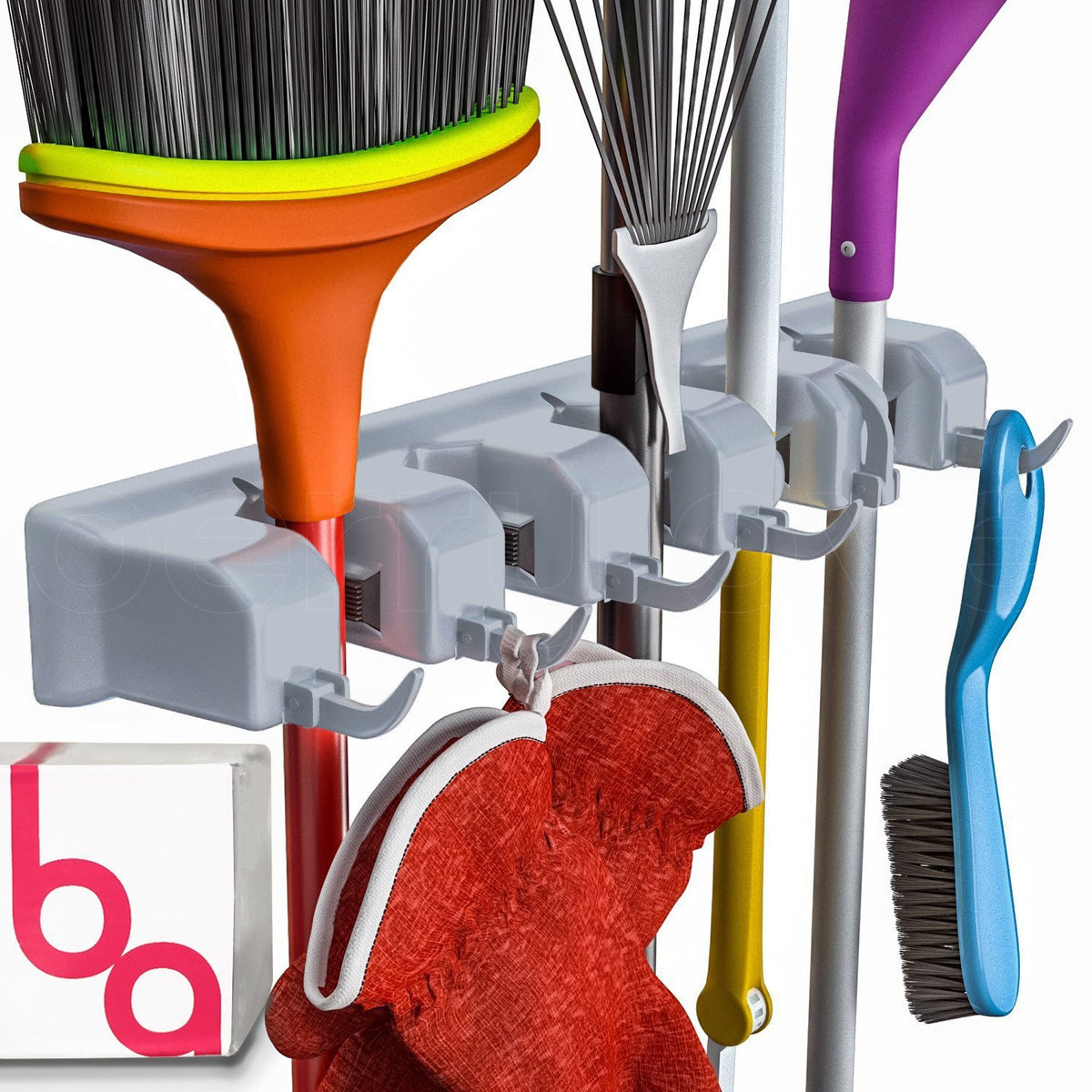 Berry Ave broom holder wall mount keeps brooms and mops neatly organized.