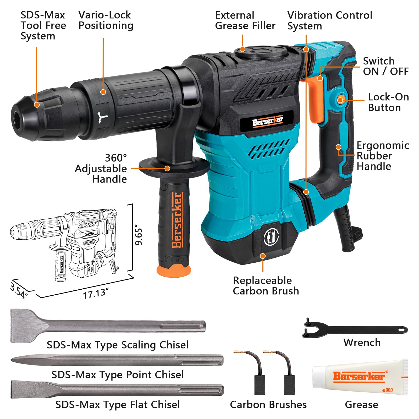 Berserker 1300W SDS-Max with tool-free bit changes for fast chisel swaps