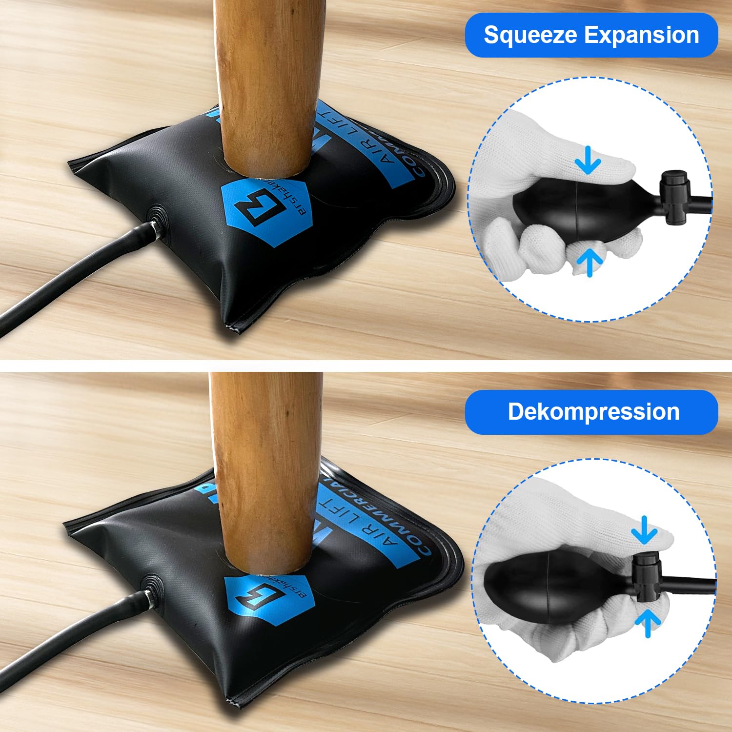 Bershaker Air Wedge Bag Pump in use inflating to lift a cabinet safely