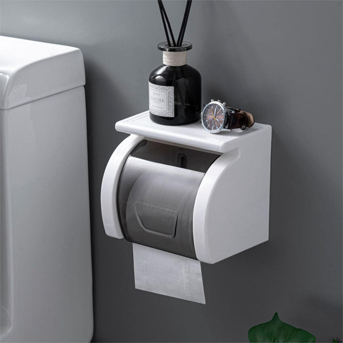 Beruyu toilet paper holder with shelf, front view, keeps essentials within reach