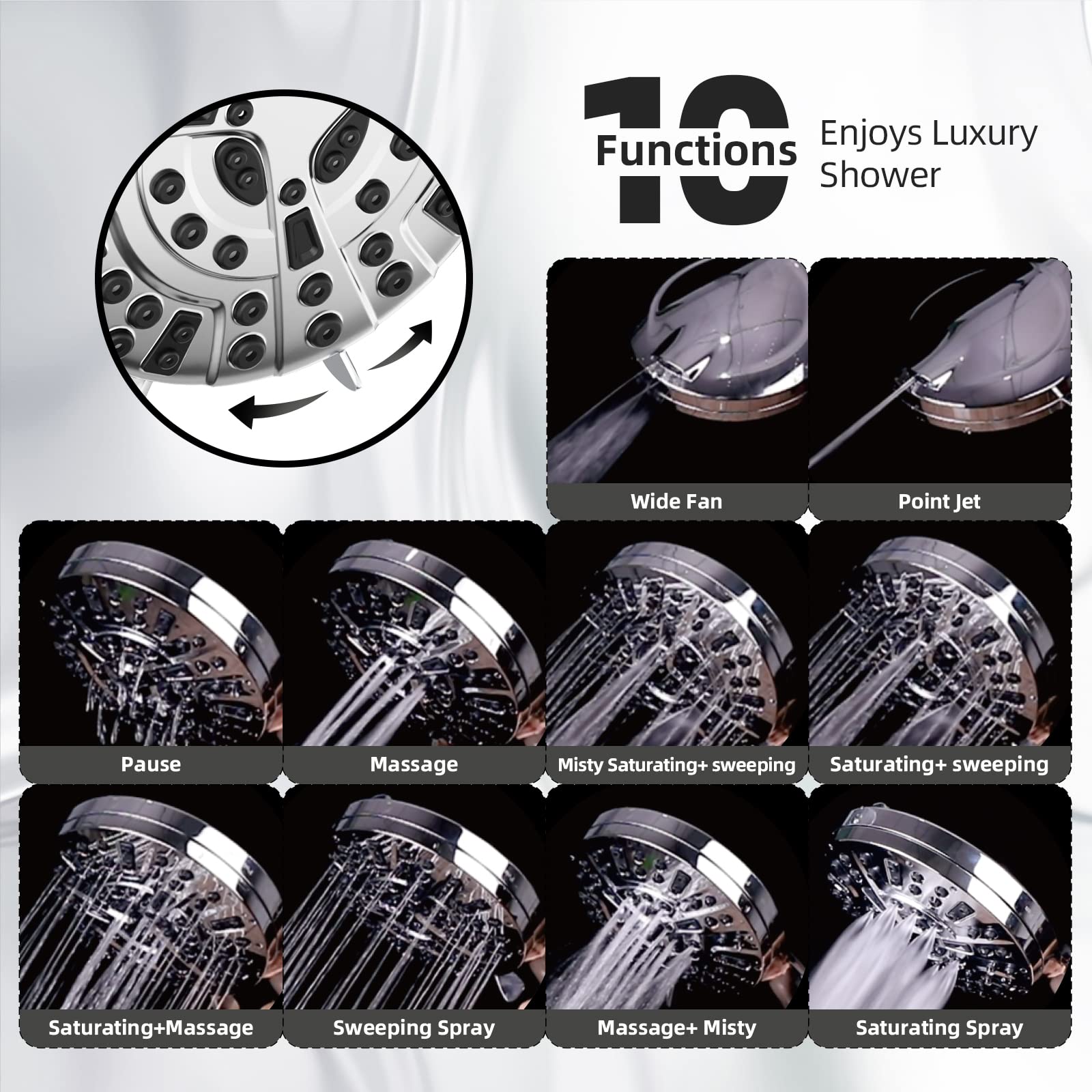 BESAQUO shower head shows ten-function versatility for different rinses.