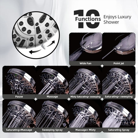 BESAQUO shower head shows ten-function versatility for different rinses.