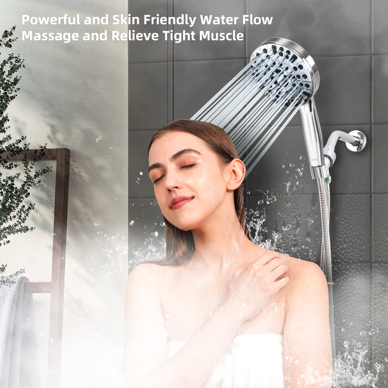 BESAQUO shower head with a 6ft leakproof hose for flexible installation.
