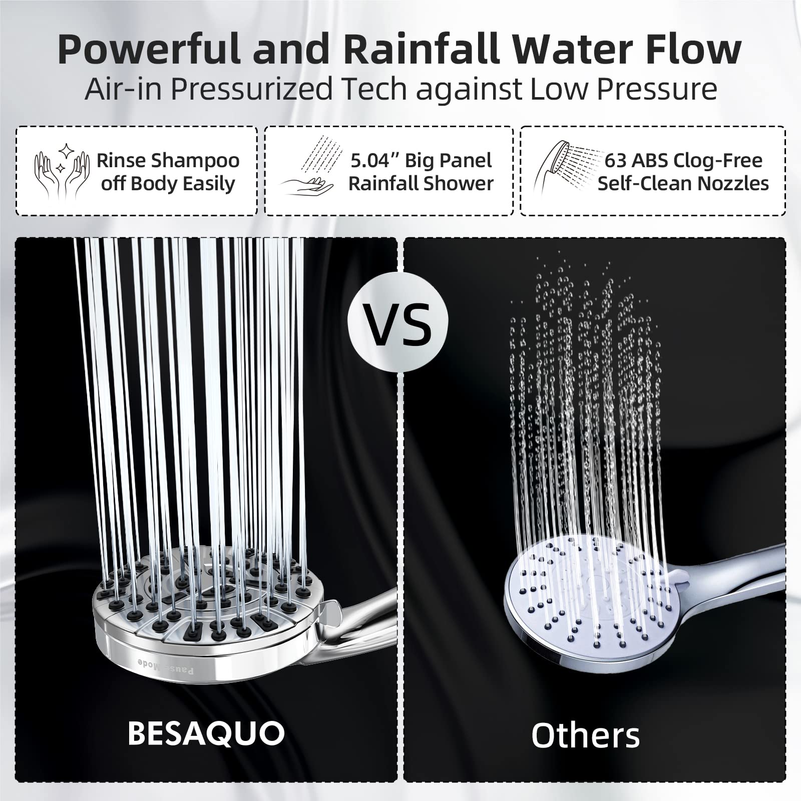 BESAQUO shower head demonstrates massage function for a spa-like feel.