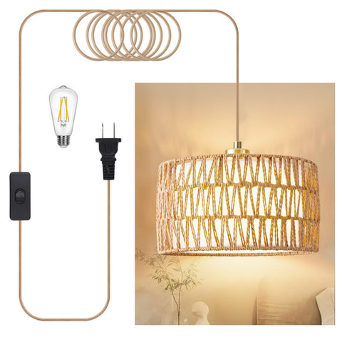 Beser·Win plug-in pendant light with rattan shade casting warm ambiance in a living room