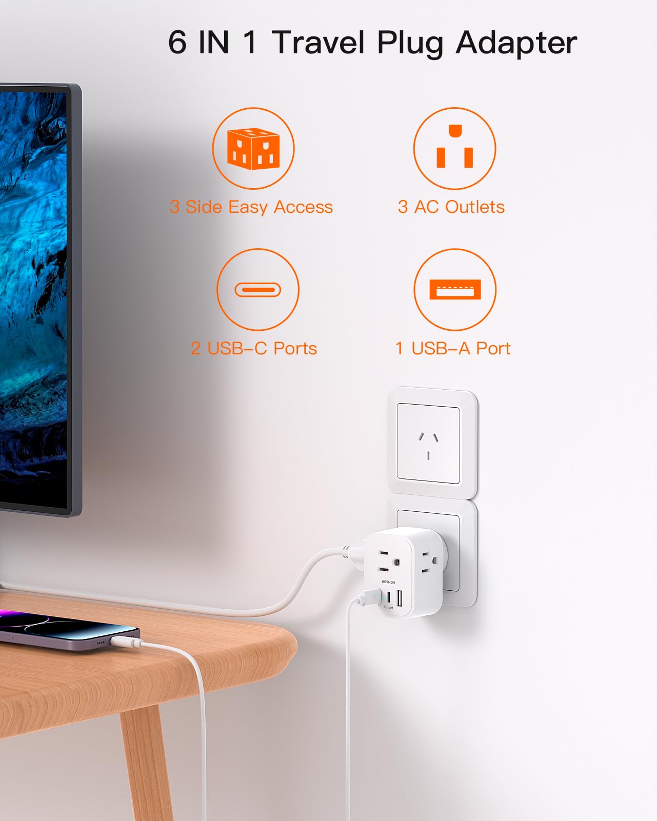 BESHON 6-in-1 travel adapter with outlets and USB ports for simultaneous charging.