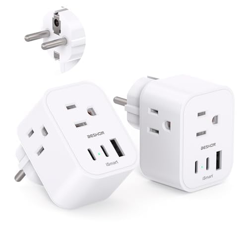 BESHON travel plug adapter in use powering devices in France and Germany