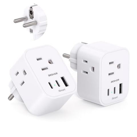 BESHON travel plug adapter in use powering devices in France and Germany