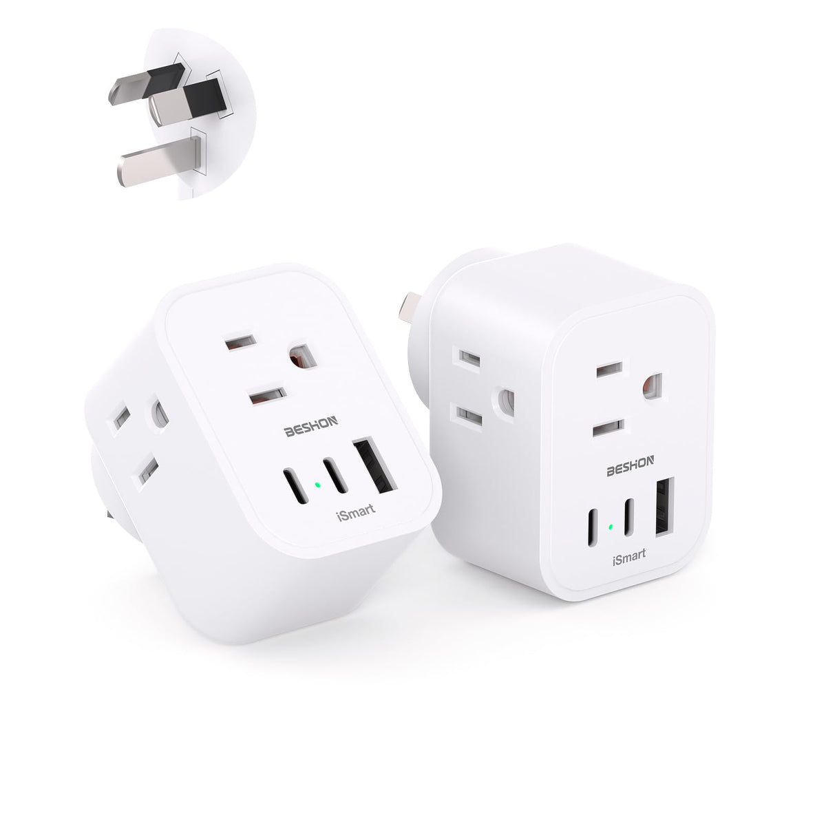 BESHON Type I travel plug adapter front view with outlets and USB ports.