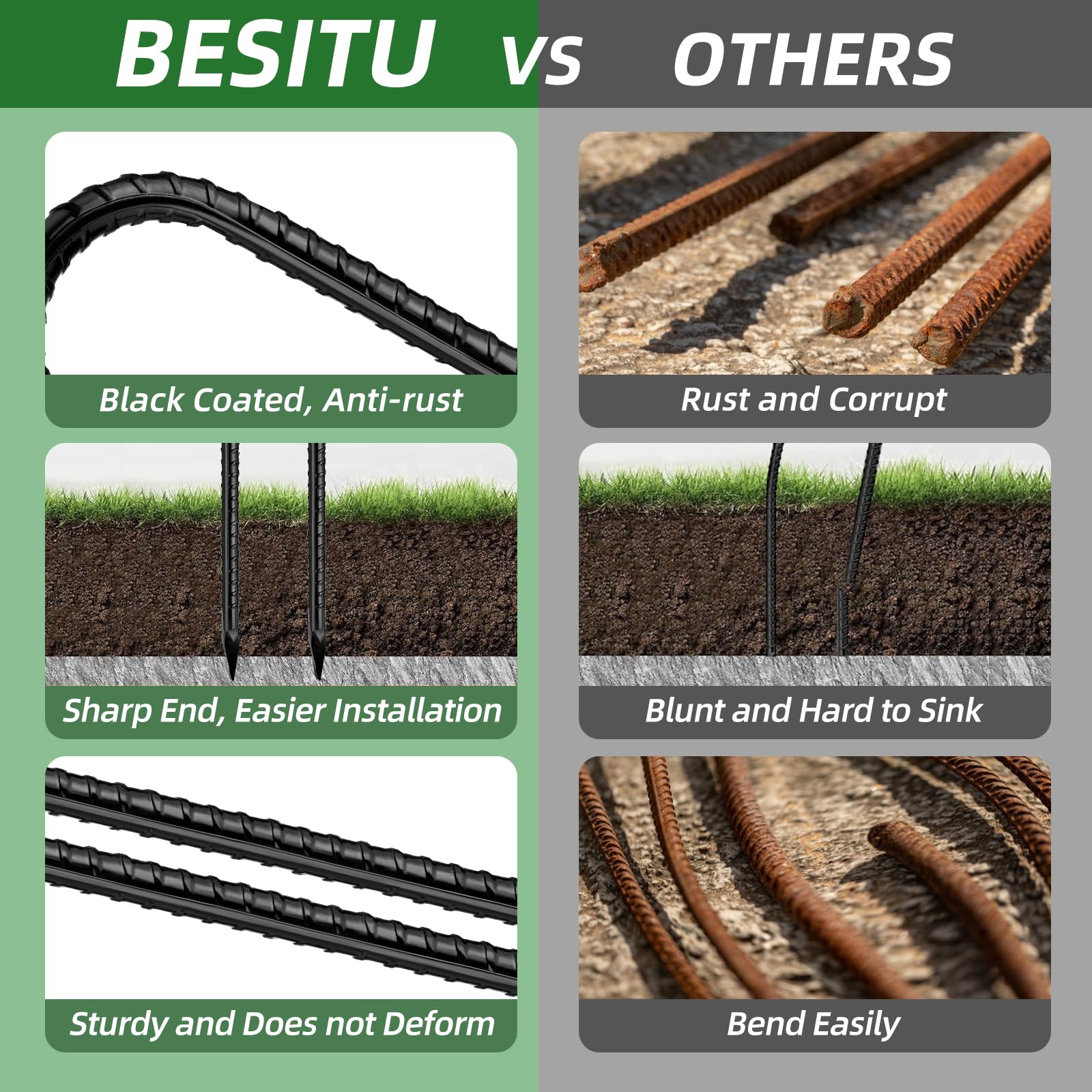 Besitu rebar-style galvanized stake anchors tents and screens securely.