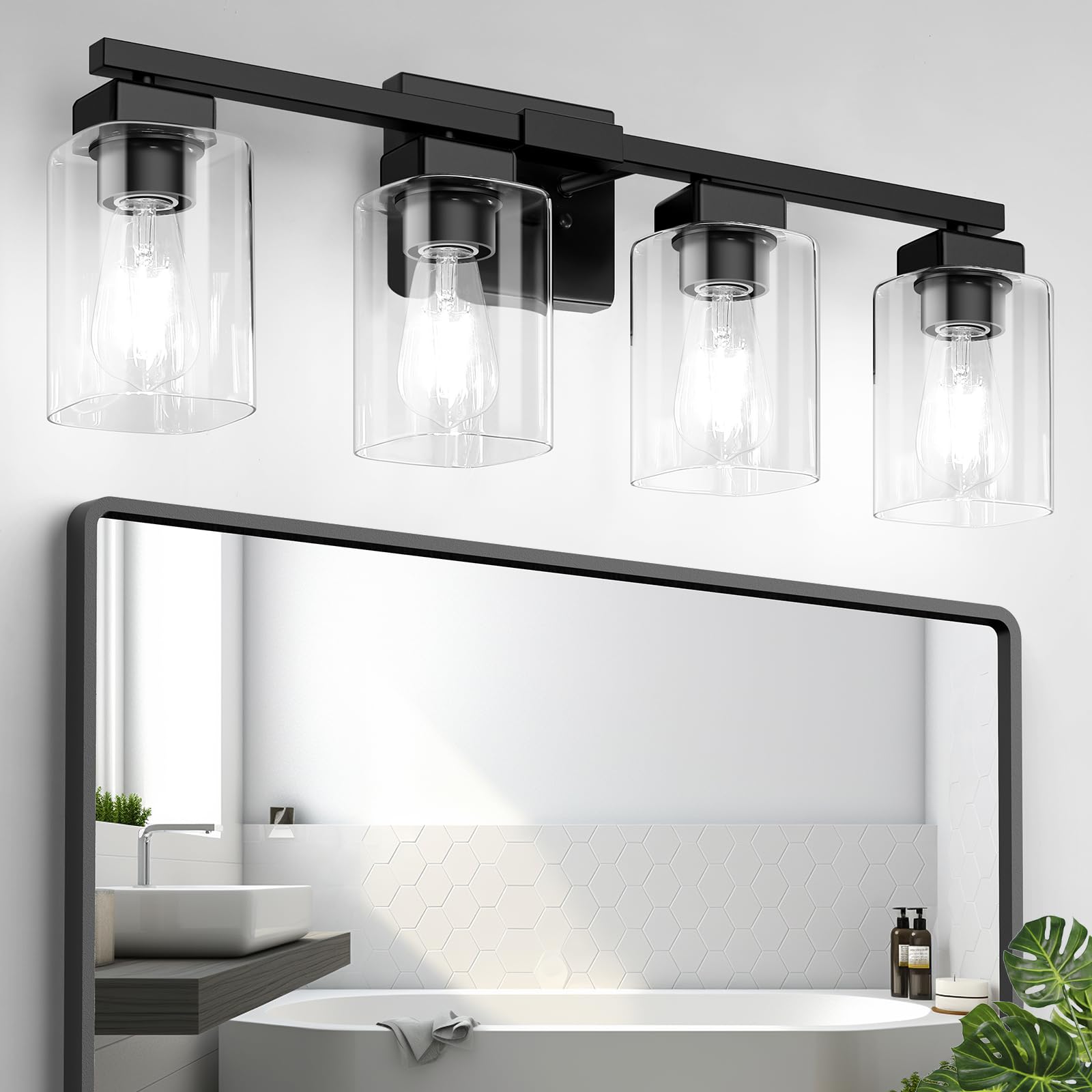 BesLowe 27-inch four-light bathroom light with clear glass shades for vanity illumination